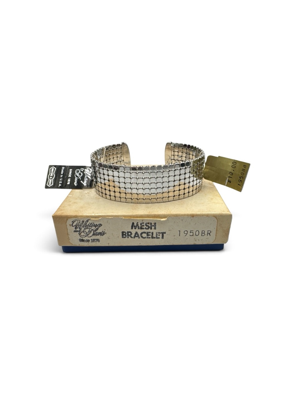 Vintage NOS Whiting & Davis 1970s Wide Mesh Cuff Bracelet Box & Tags